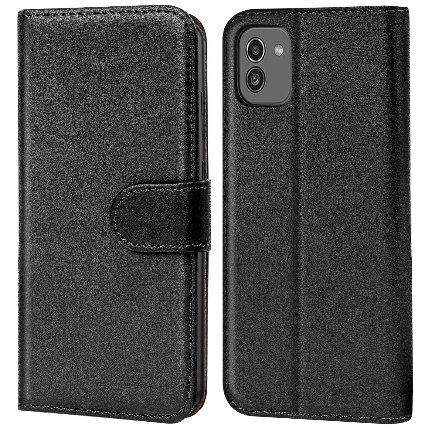 Schwarze Leder-Klapphülle mit Kartenfächern, Vorder- und Rückansicht, für Samsung Galaxy A03