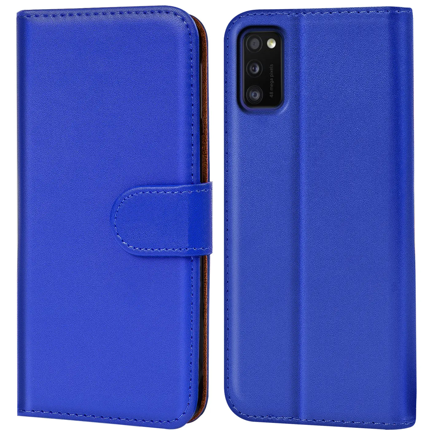 Blaue Kunstleder-Klapphülle mit Kartenfächern für Samsung Galaxy A03s, Vorder- und Rückansicht.