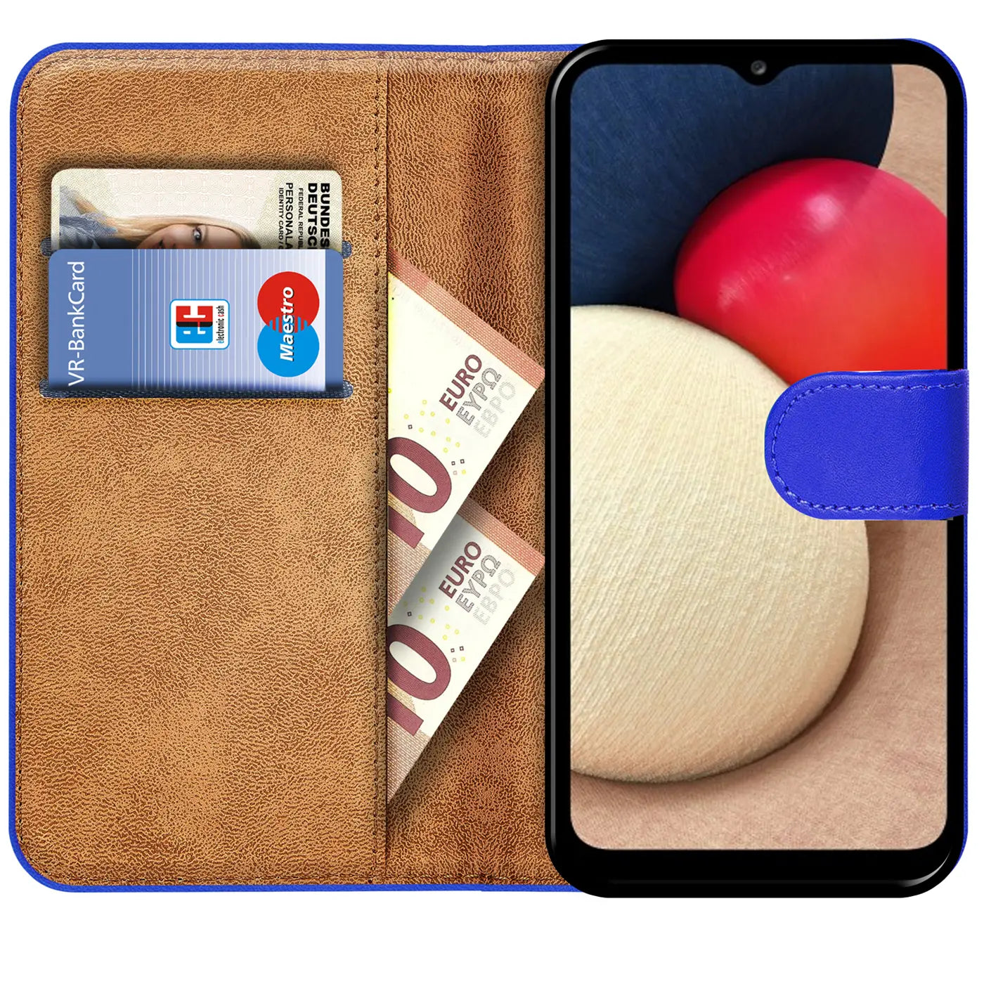 Braune Kunstleder-Klapphülle mit blauen Akzenten, zeigt Samsung A03s, Karten & Geld.