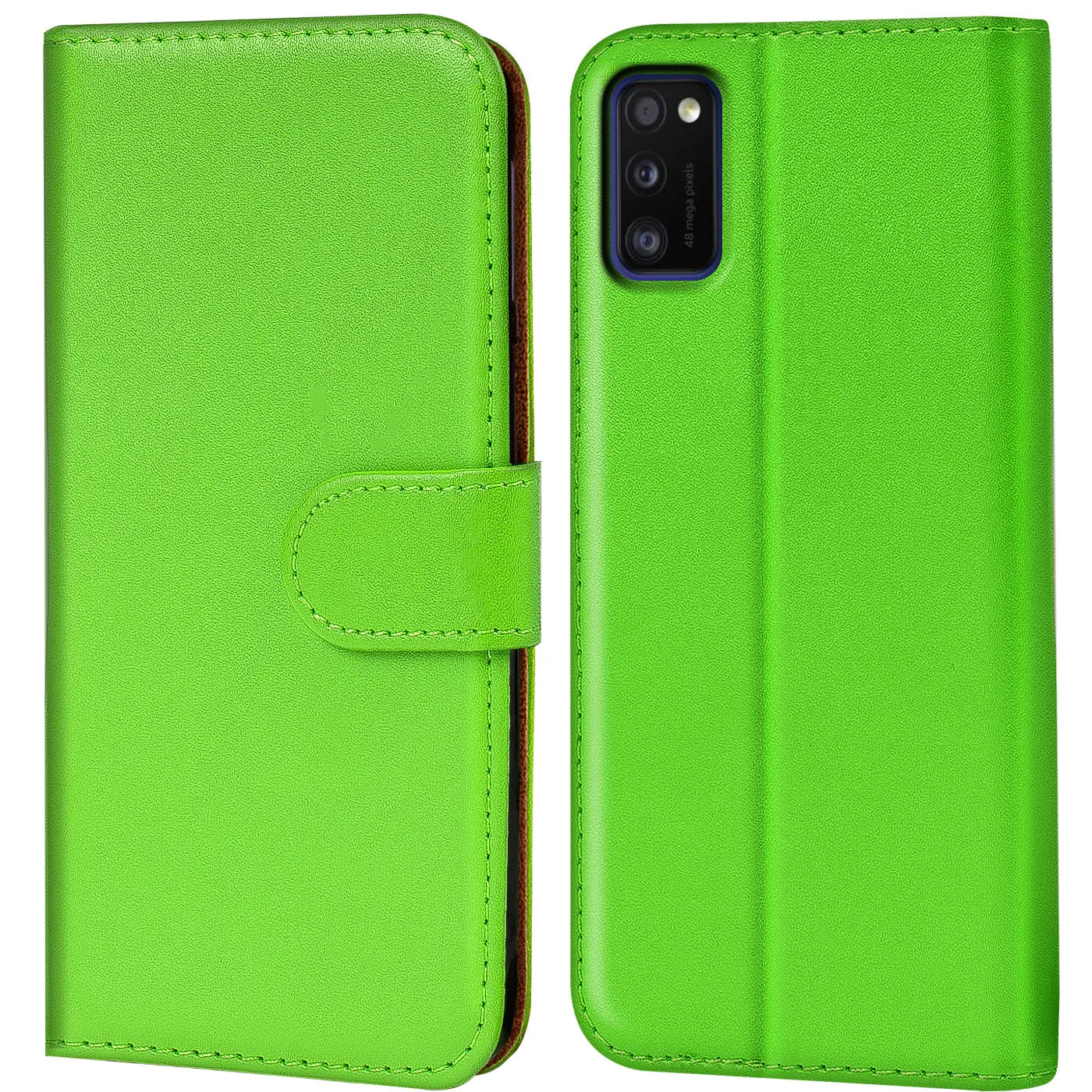 Grüne Kunstleder-Klapphülle mit Kartenfächern, Vorder- und Rückansicht, für Samsung Galaxy A03s.