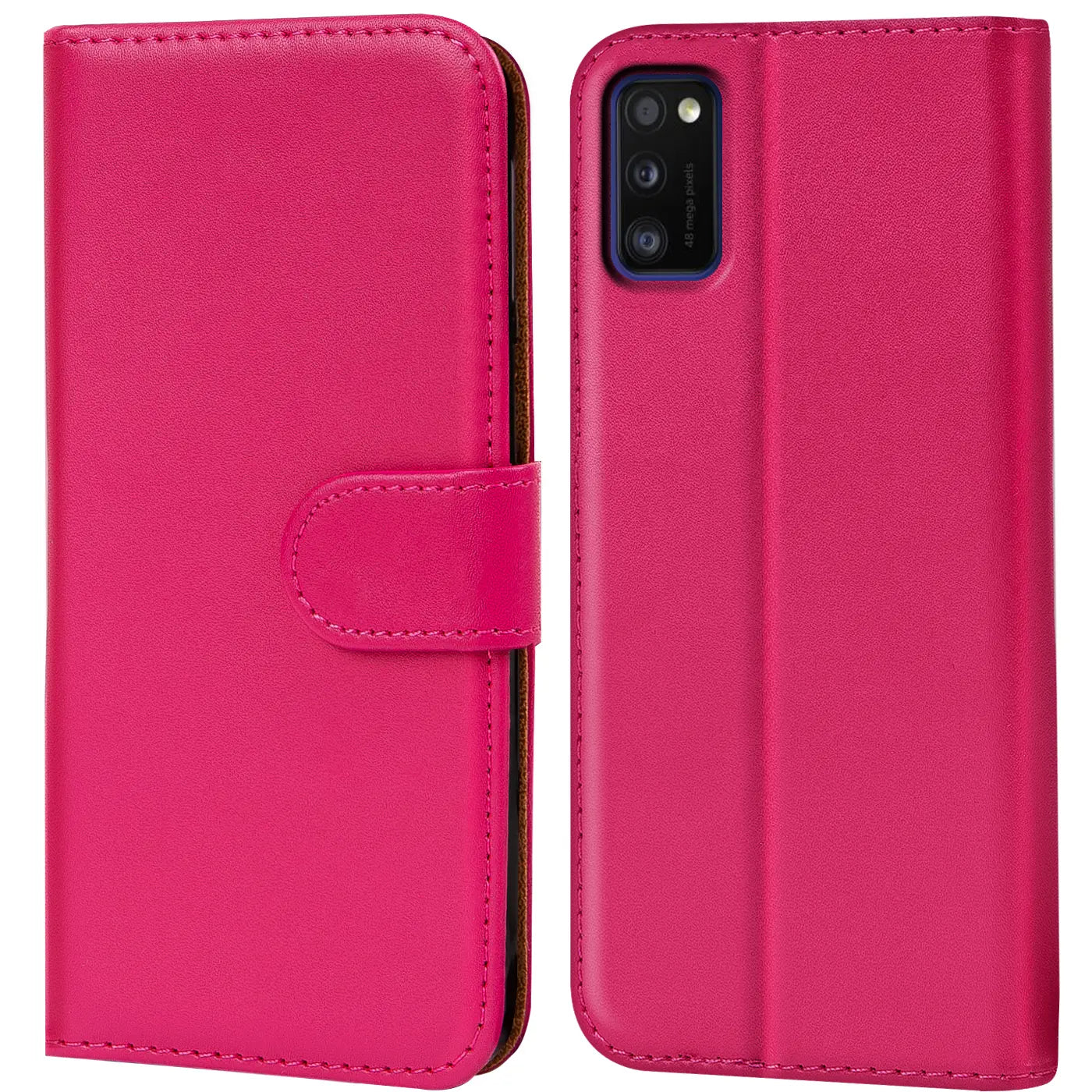 Pink Kunstleder Klapphülle mit Kartenfächern, Vorder- und Rückansicht, Samsung Galaxy A03s.