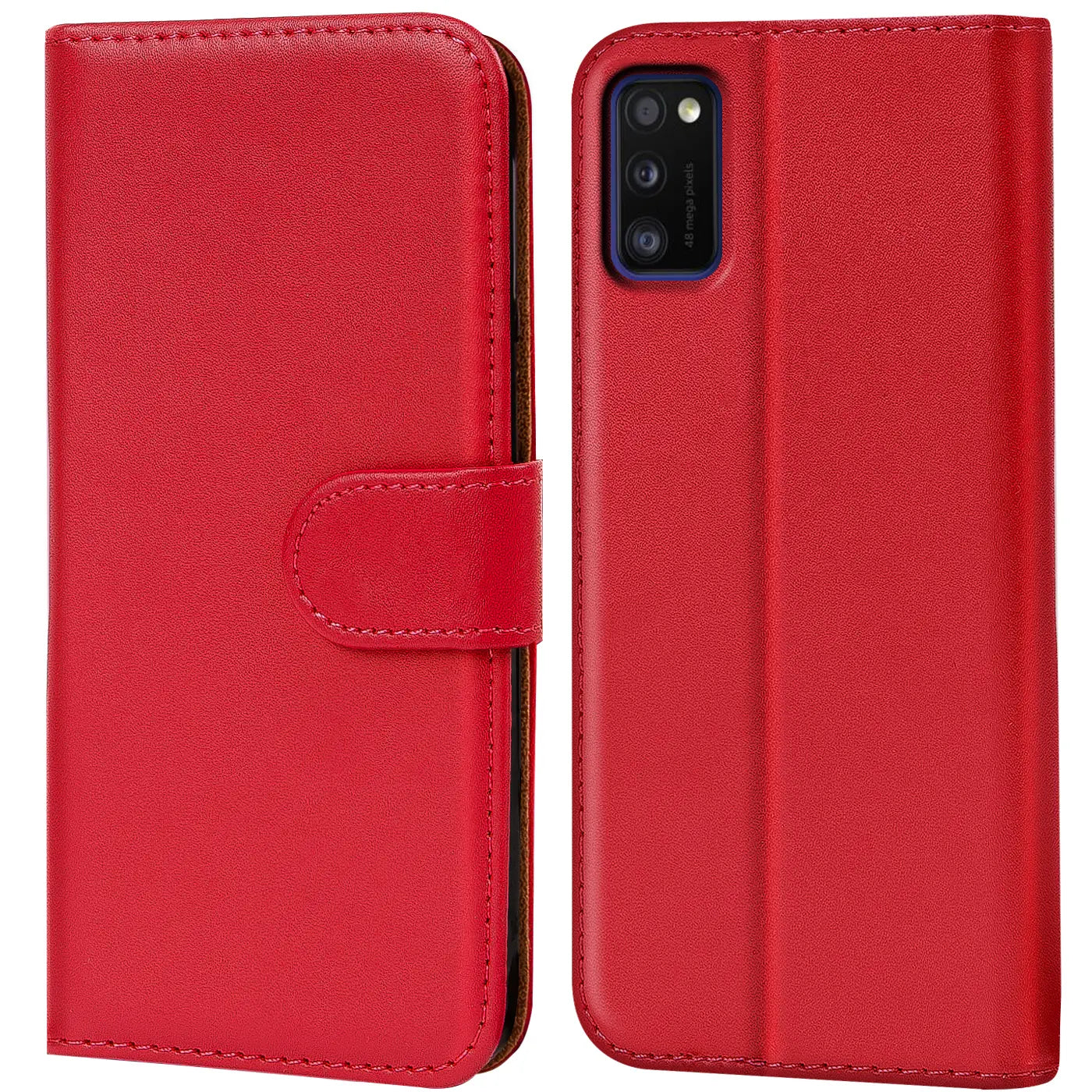 Rote Leder-Klapphülle mit Kartenfächern, Vorder- und Rückansicht, für Samsung Galaxy A03s.
