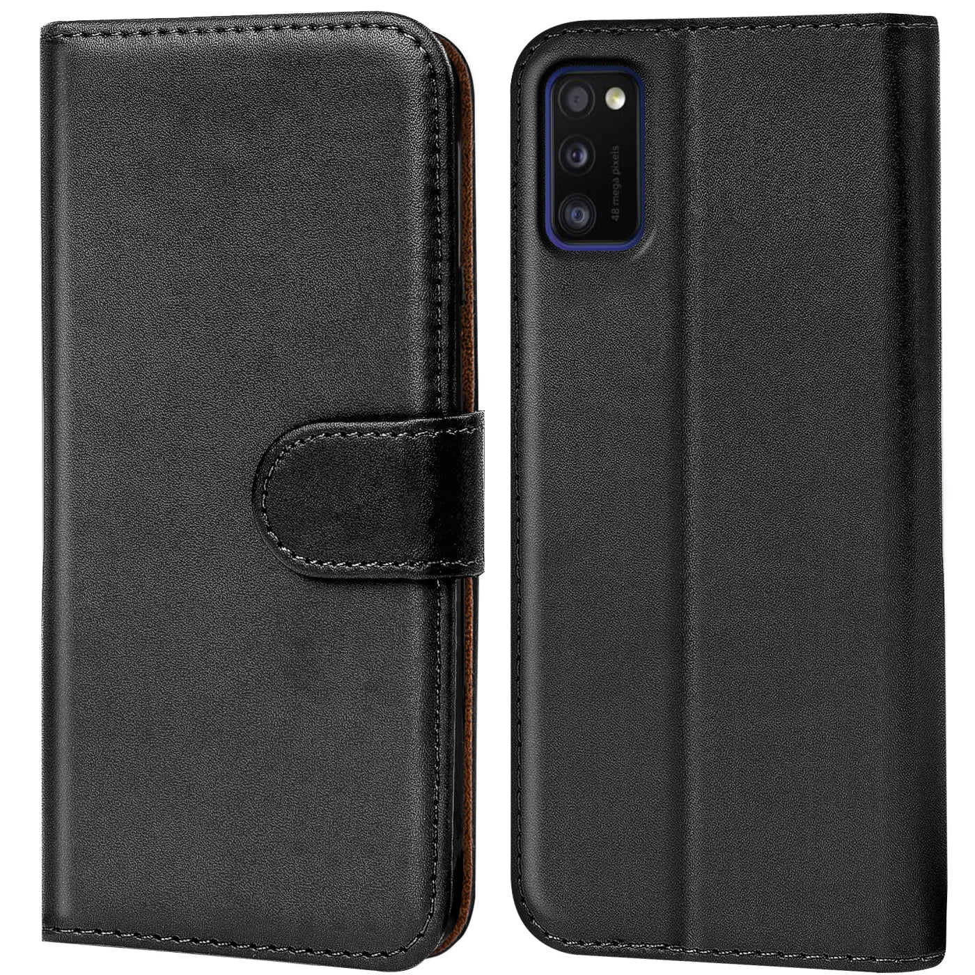 Schwarze Leder-Klapphülle mit Kartenfächern, Vorder- und Rückansicht, für Samsung Galaxy A03s.