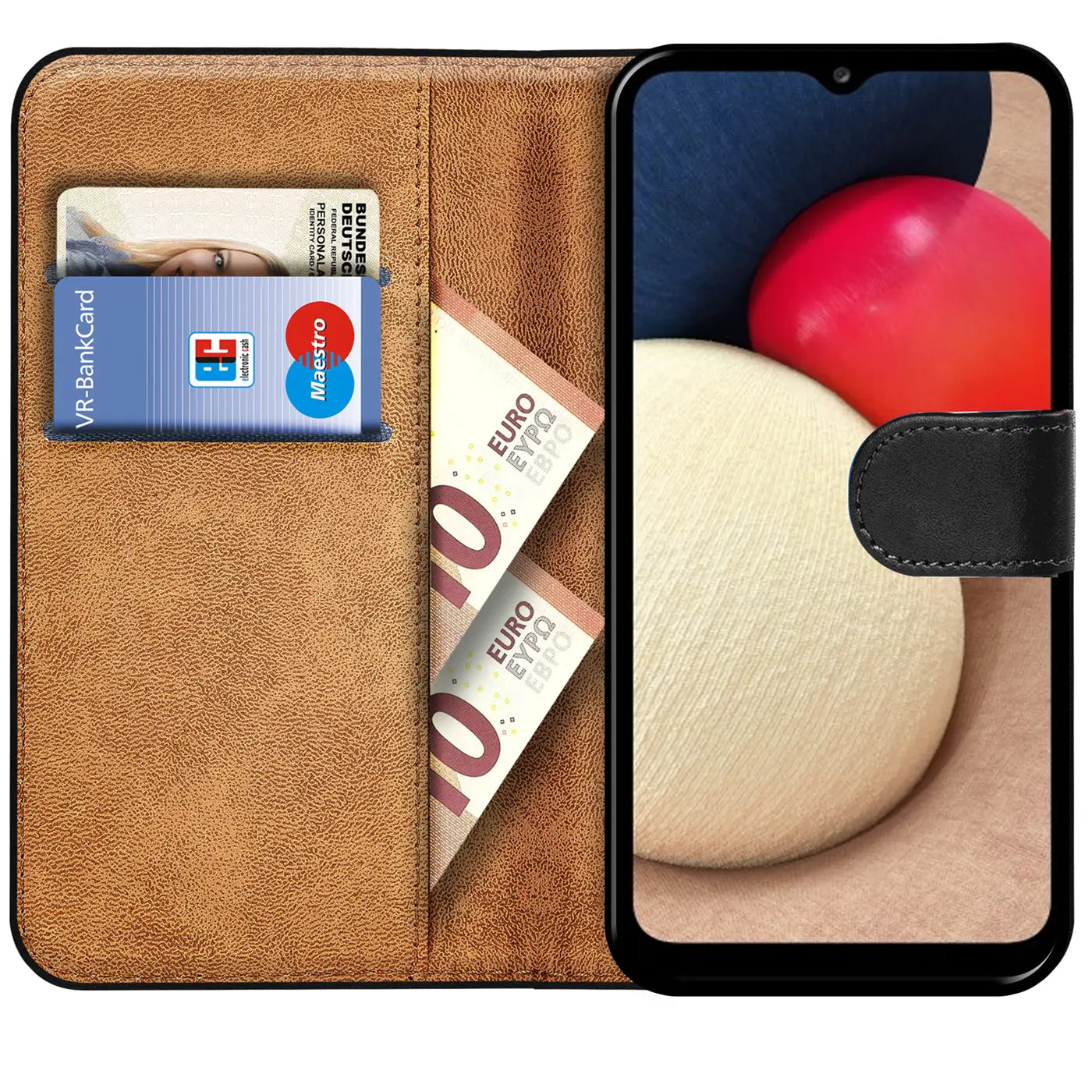 Braune Kunstleder-Klapphülle mit Kartenfächern und Euro-Scheinen, zeigt Samsung A03s.