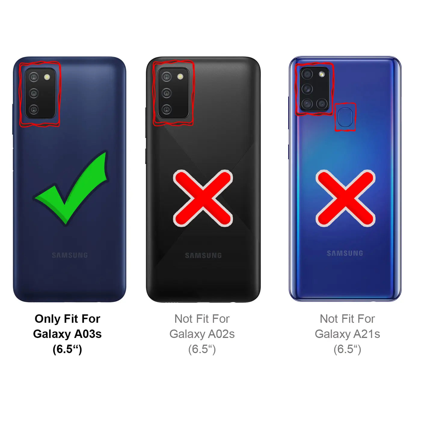 Drei Samsung-Handys: blaues A03s (passend), schwarzes A02s (nicht passend), blaues A21s (nicht passend).