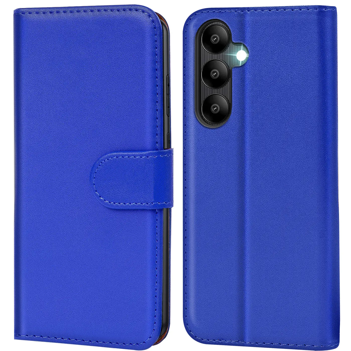 Blaue Kunstleder-Klapphülle für Samsung Galaxy A05s, Vorder- und Rückansicht.