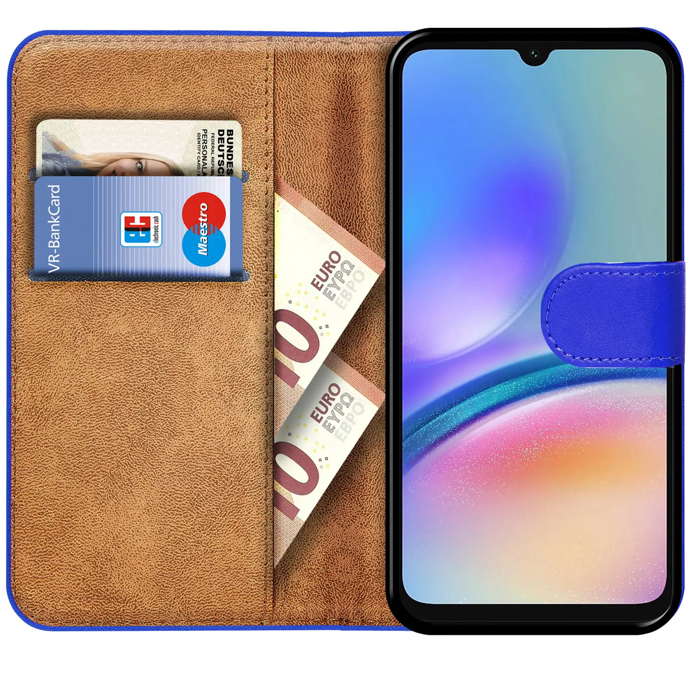 Blaue Kunstleder-Klapphülle mit Kartenfächern und Geldscheinfach, zeigt Samsung A05s.