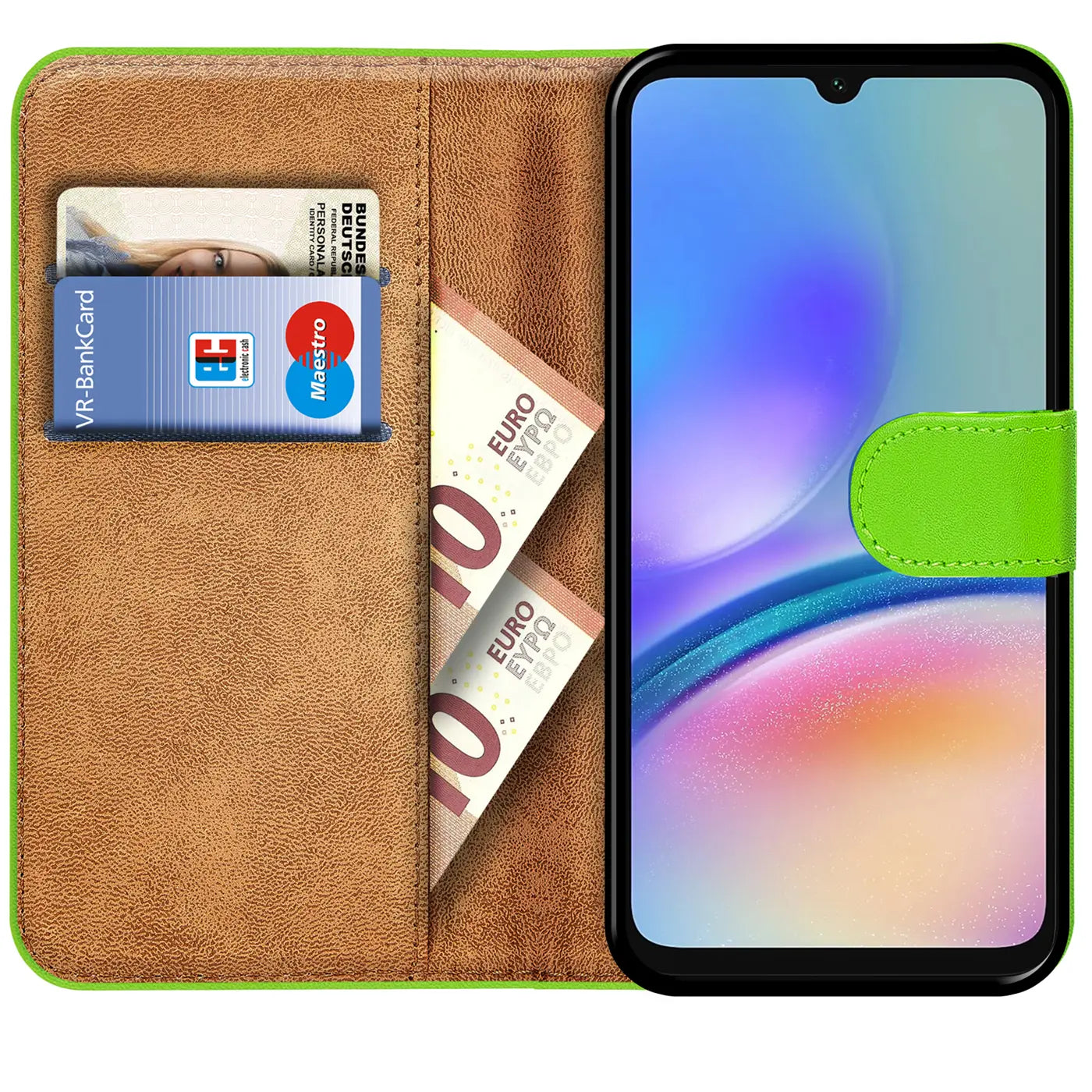 Grüne Kunstleder-Klapphülle mit Kartenfächern und Geldscheinfach, zeigt Samsung Galaxy A05s.