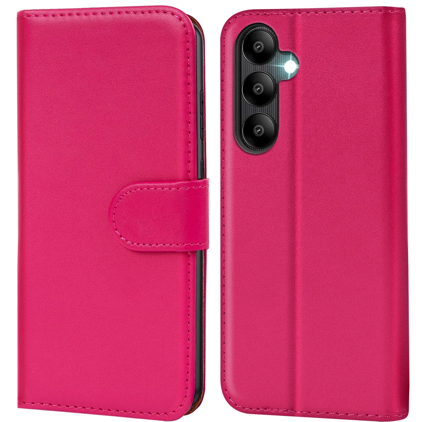 Pink Kunstleder-Klapphülle mit Kartenfächern, Vorder- und Rückansicht, für Samsung Galaxy A05s.