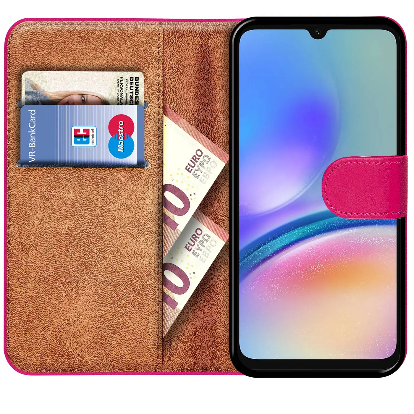 Rosa Klapphülle aus Lederimitat mit Kartenfächern, zeigt ein Samsung Galaxy A05s.