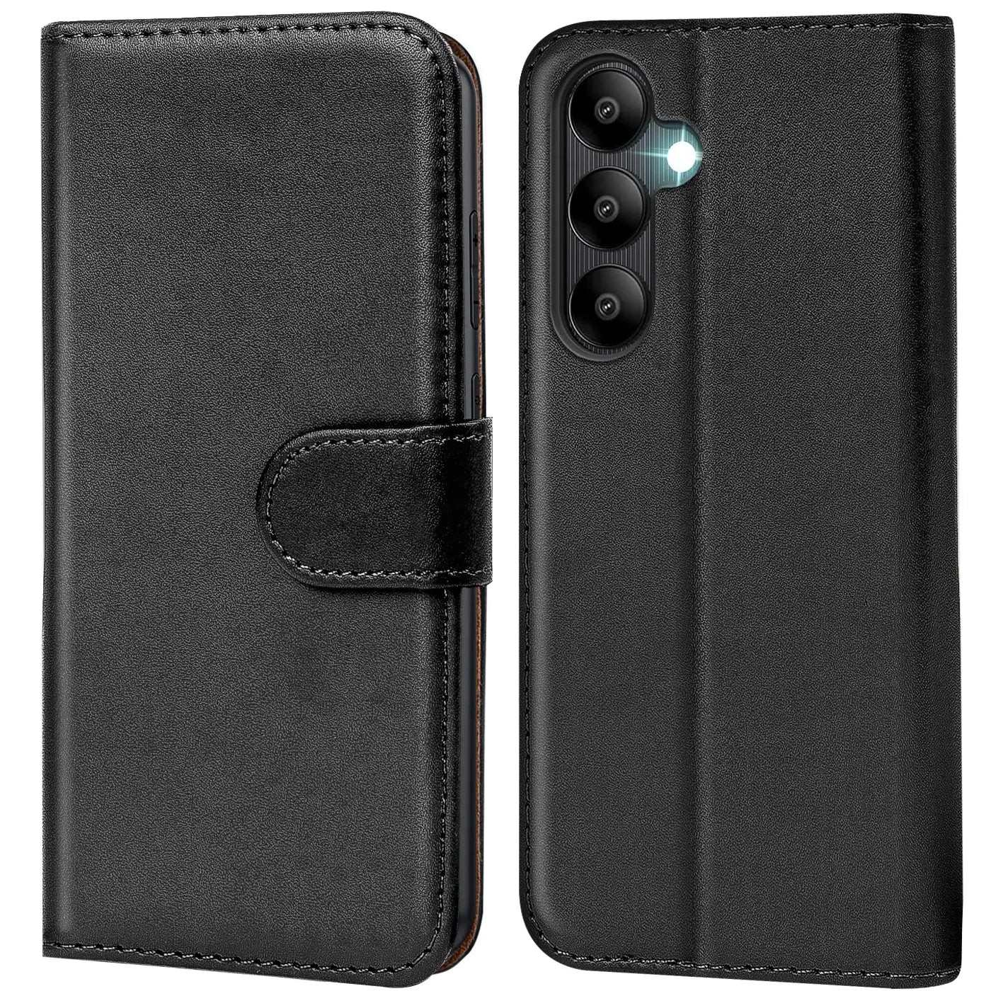 Schwarze Leder-Klapphülle mit Kartenfächern, Vorder- und Rückansicht, Samsung Galaxy A05s.