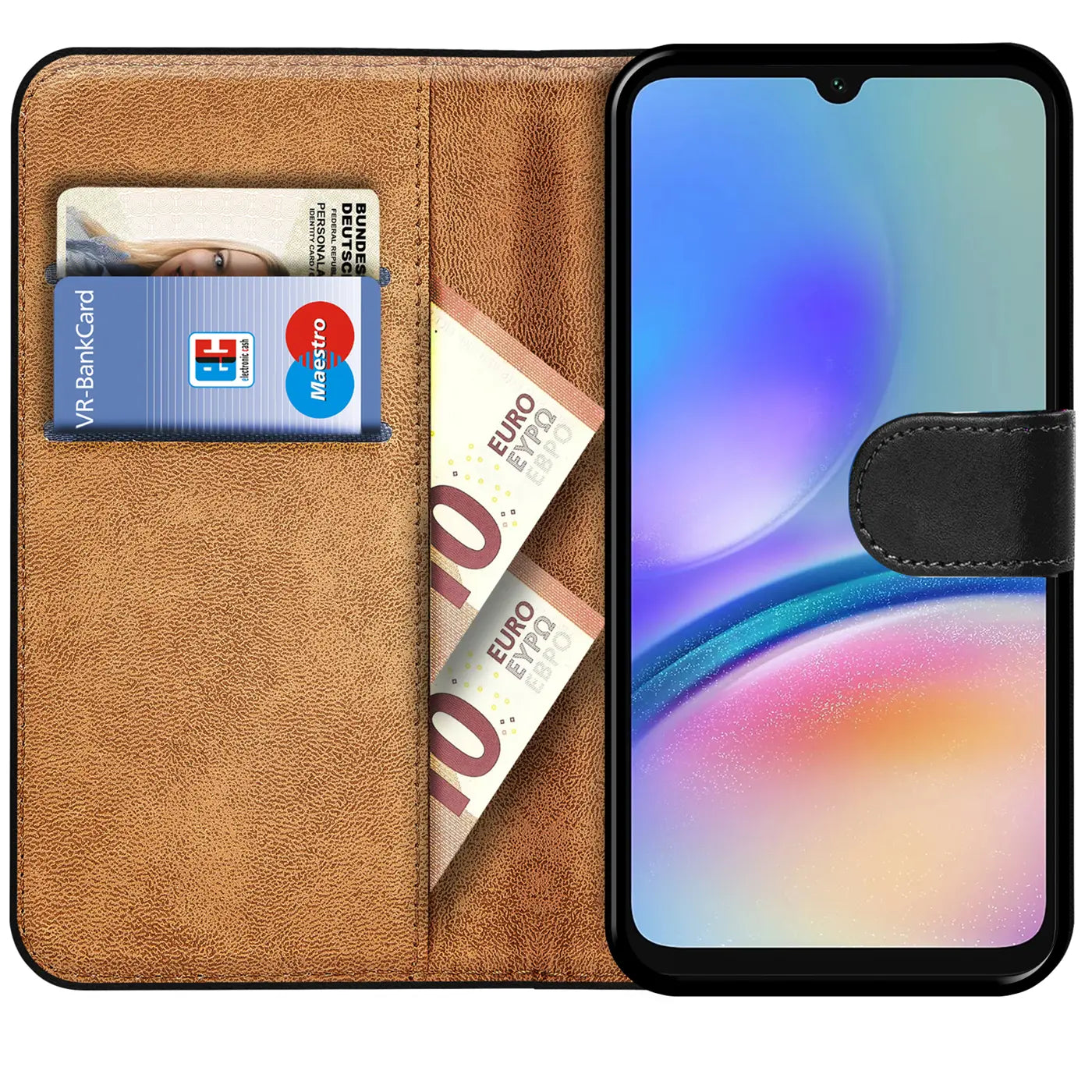 Braune Kunstleder-Klapphülle mit Kartenfächern, zeigt Samsung A05s, von vorne