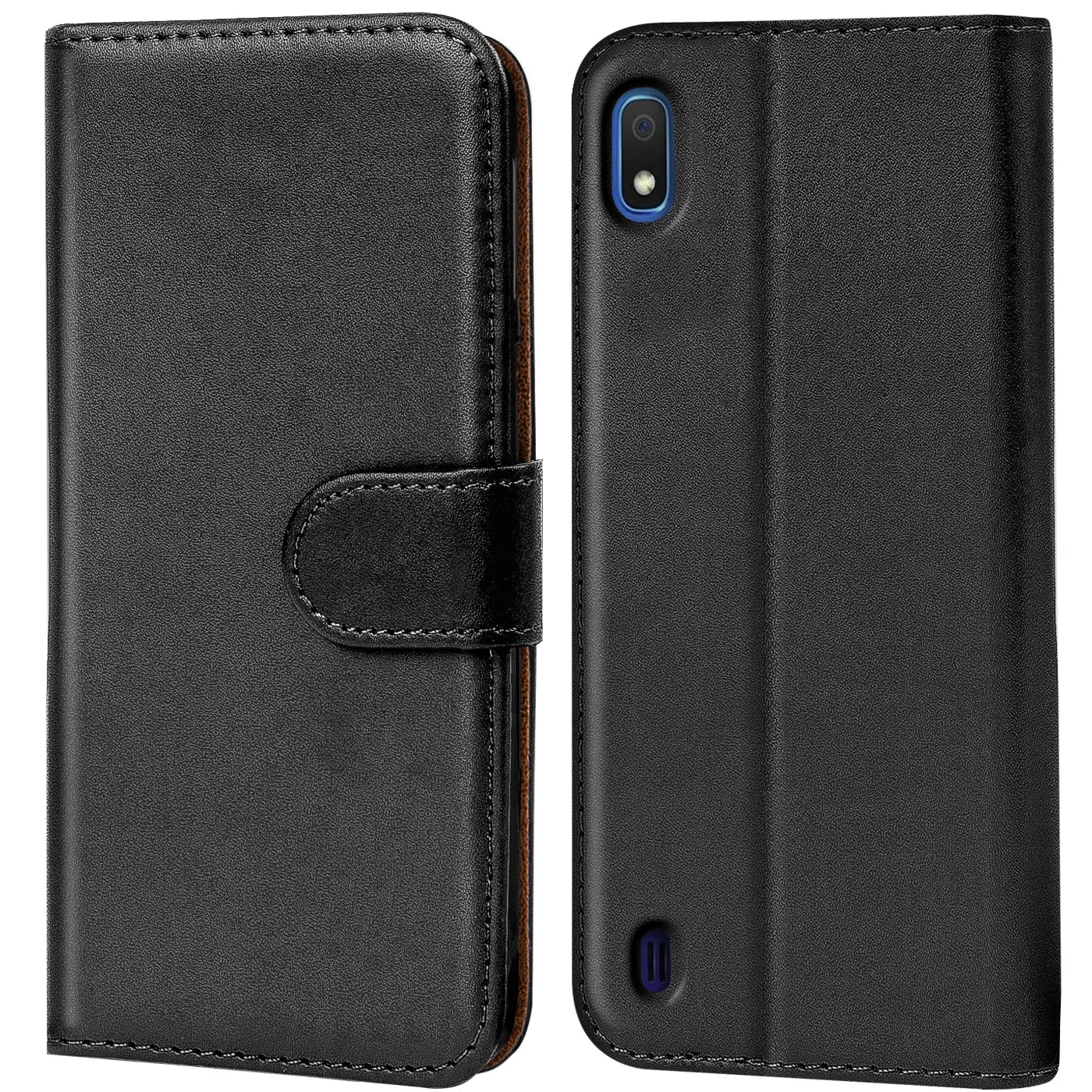 Schwarze Leder-Klapphülle mit Kartenfächern, Vorder- und Rückansicht, für Samsung Galaxy A10.