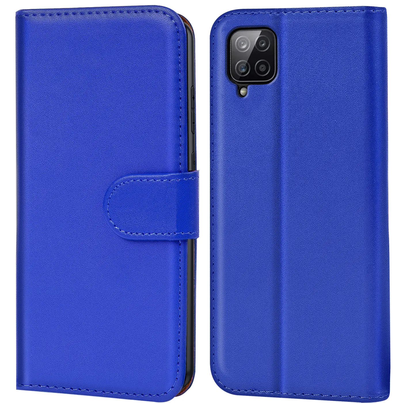 Blaue Kunstleder-Klapphülle mit Kartenfächern, Vorder- und Rückansicht, für Samsung Galaxy A12/M12.