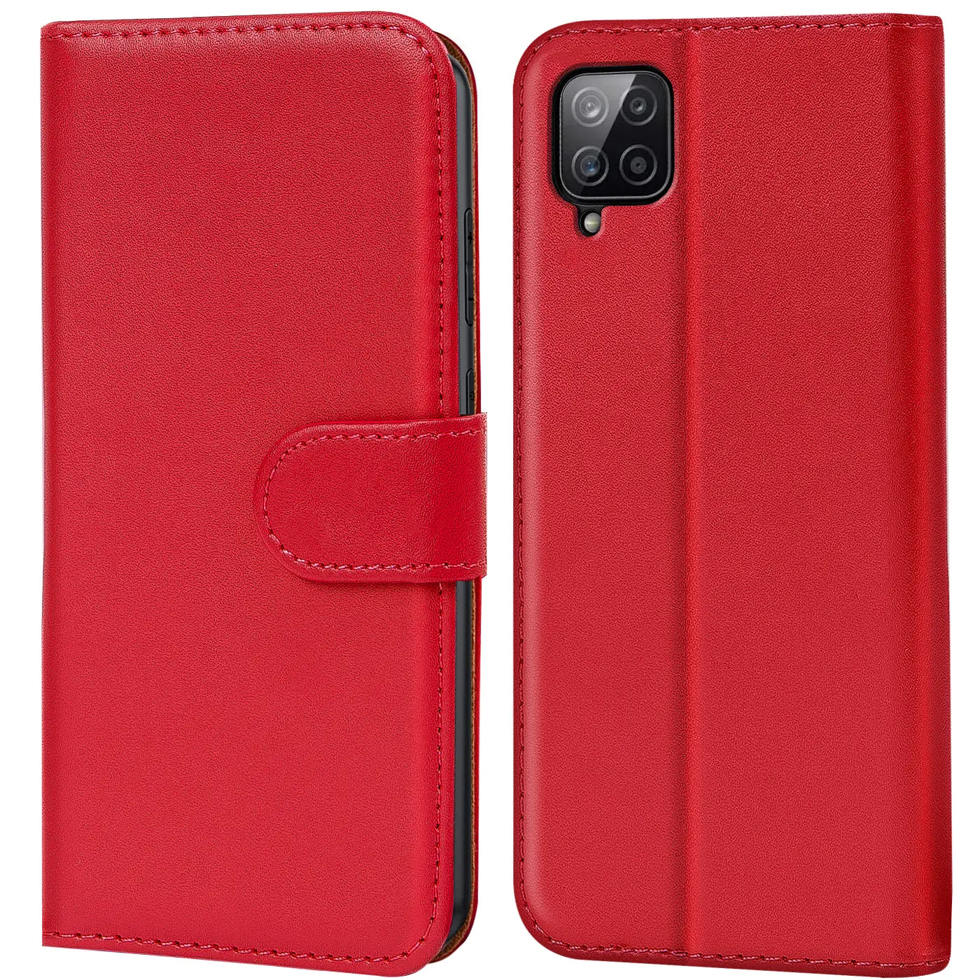 Rote Kunstleder-Klapphülle mit Kartenfächern, Vorder- und Rückansicht, Samsung Galaxy A12/M12.