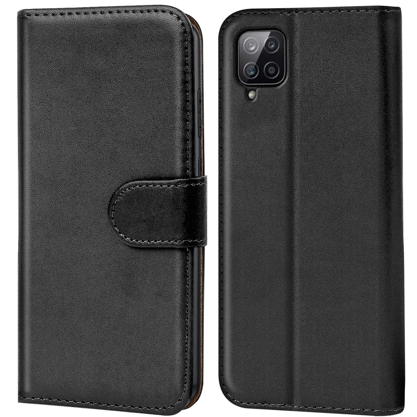 Schwarze Leder-Klapphülle mit Kartenfächern, Vorder- und Rückansicht, für Samsung Galaxy A12/M12.