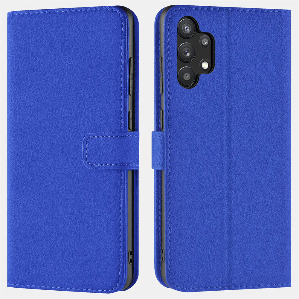 Blaue Kunstleder-Klapphülle mit Kartenfächern, Vorder- und Rückansicht, für Samsung Galaxy A13 4G.