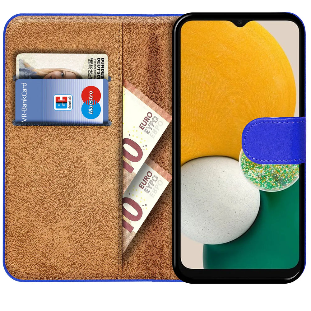 Braune Kunstleder-Klapphülle mit Kartenfächern und blauem Verschluss, Samsung A13 4G.
