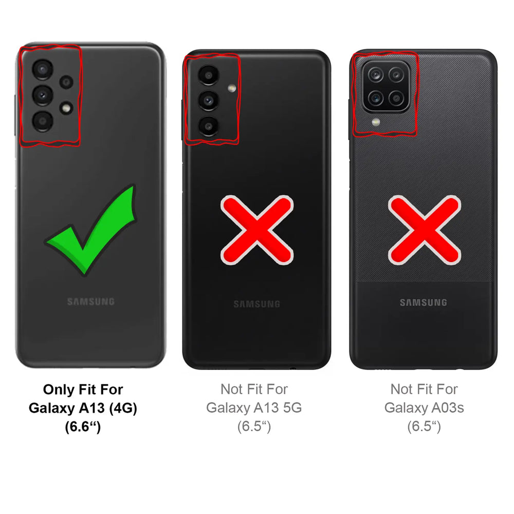 Rückseite Samsung Galaxy A13 (4G) mit grüner Haken-Markierung.