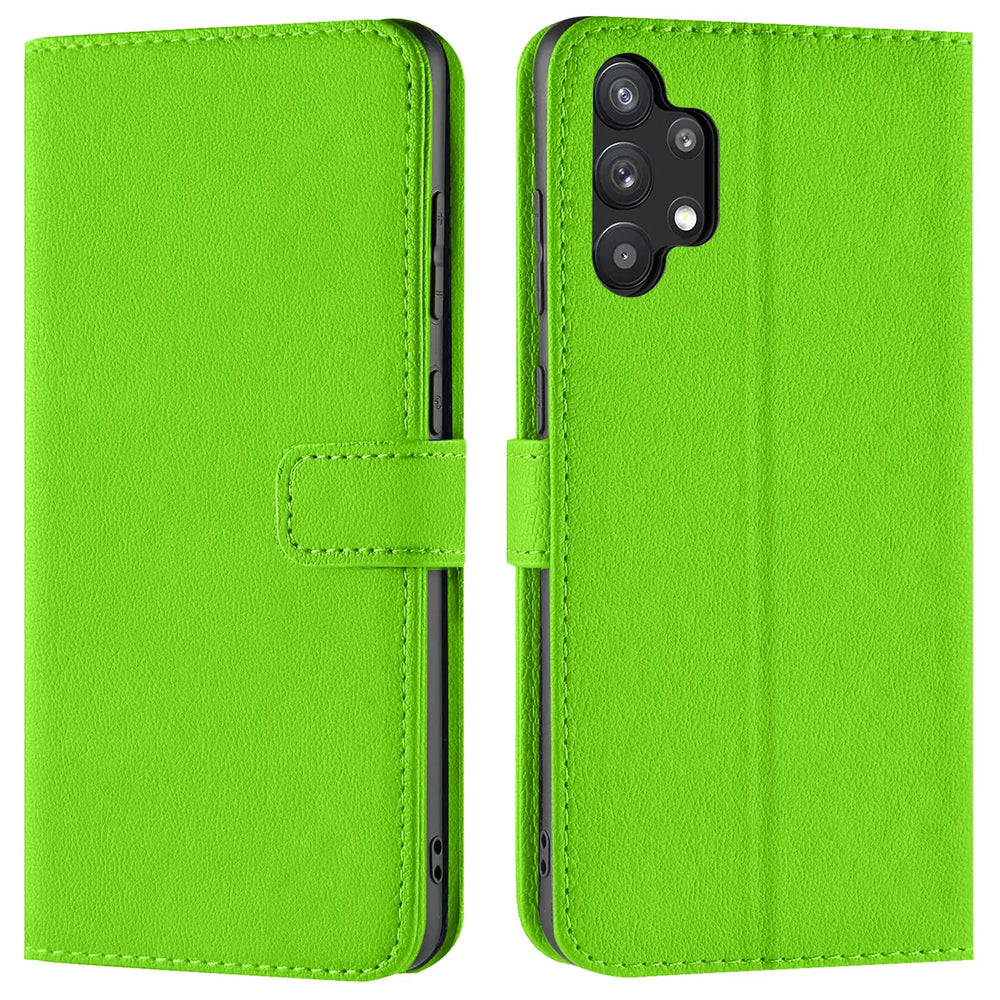 Grüne Kunstleder-Klapphülle mit Kartenfächern, Vorder- und Rückansicht, für Samsung Galaxy A13 4G.
