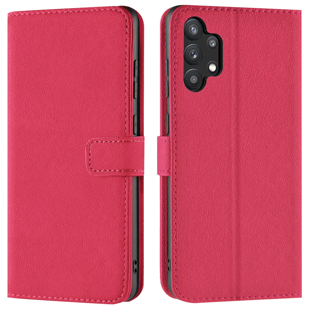 Rote Kunstleder-Klapphülle mit Kartenfächern, Vorder- und Rückansicht, Samsung Galaxy A13 4G.