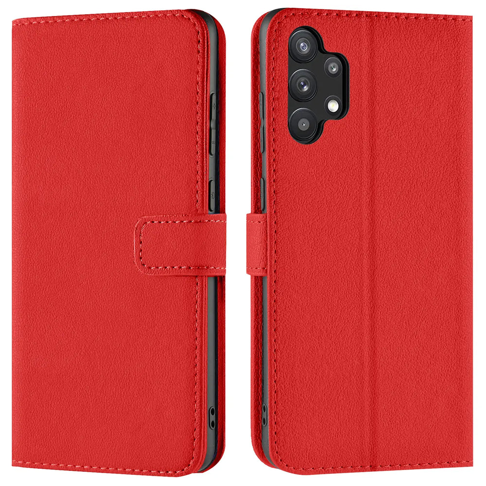 Rote Kunstleder-Klapphülle mit Kartenfächern, Vorder- und Rückansicht, Samsung Galaxy A13 4G.
