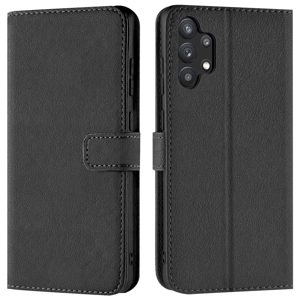 Schwarze Kunstleder-Klapphülle mit Kartenfächern für Samsung Galaxy A13 4G, Vorder- und Rückansicht