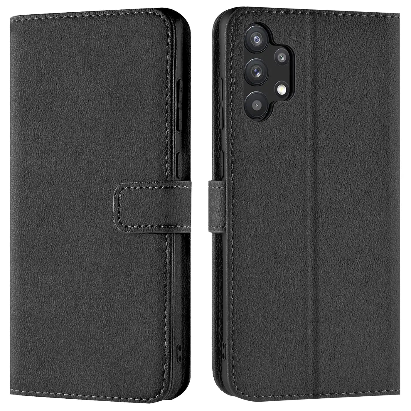 Schwarze Kunstleder-Klapphülle mit Kartenfächern für Samsung Galaxy A13 4G, Vorder- und Rückansicht