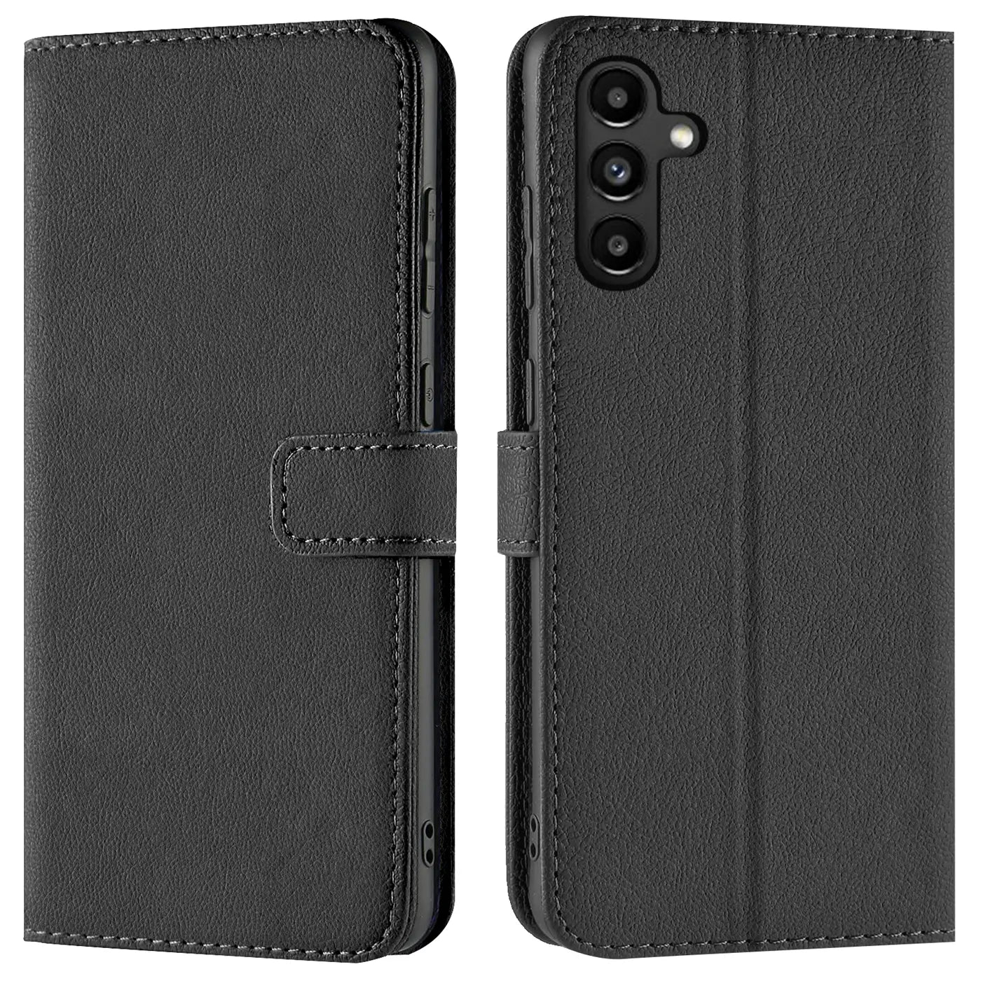 Schwarze Leder-Klapphülle, Vorder- und Rückansicht, mit Kartenfächern, für Samsung Galaxy A13 5G / A04s.