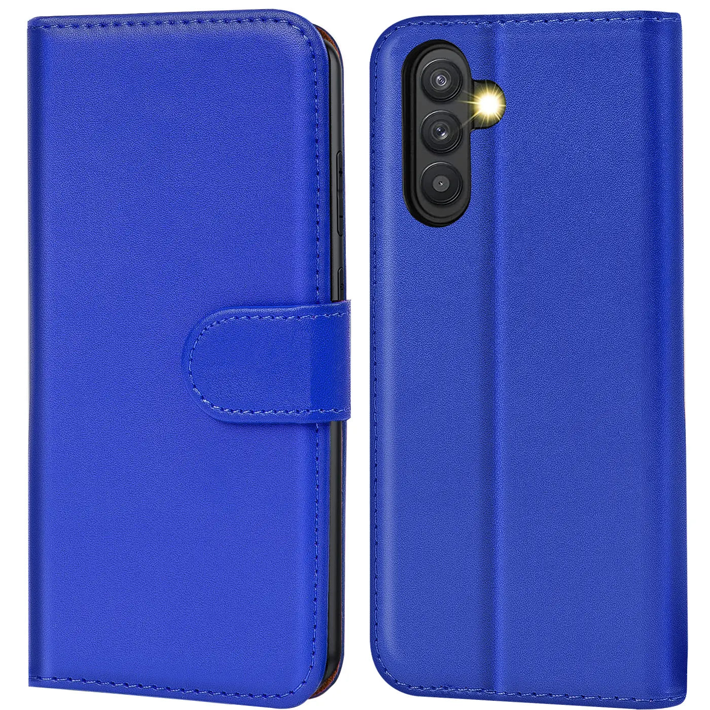 Blaue Kunstleder-Klapphülle mit Kartenfächern für Samsung Galaxy A14 4G/5G, Vorder- und Rückansicht