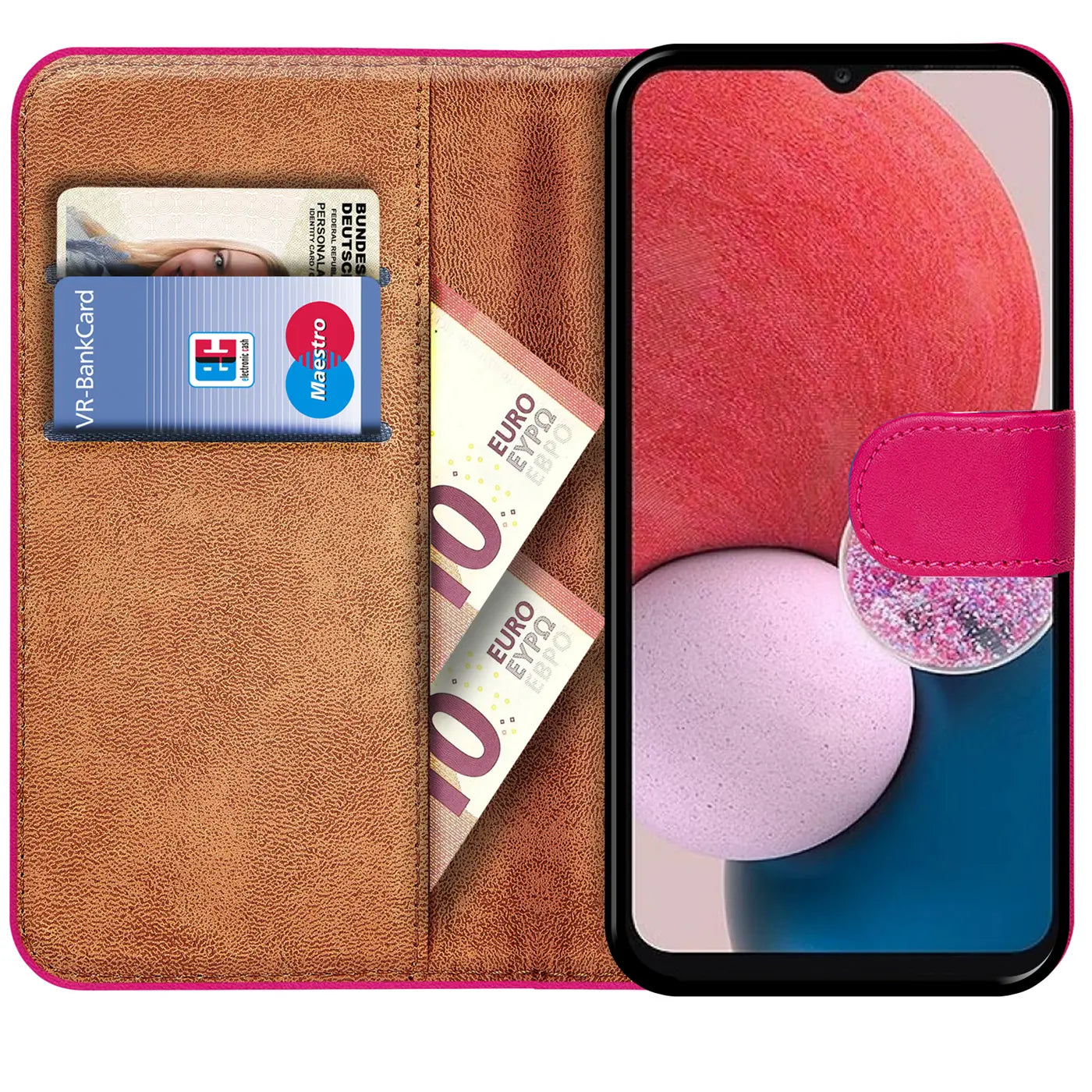 Pink Kunstleder-Klapphülle mit Kartenfächern, zeigt Samsung Galaxy A14 5G.