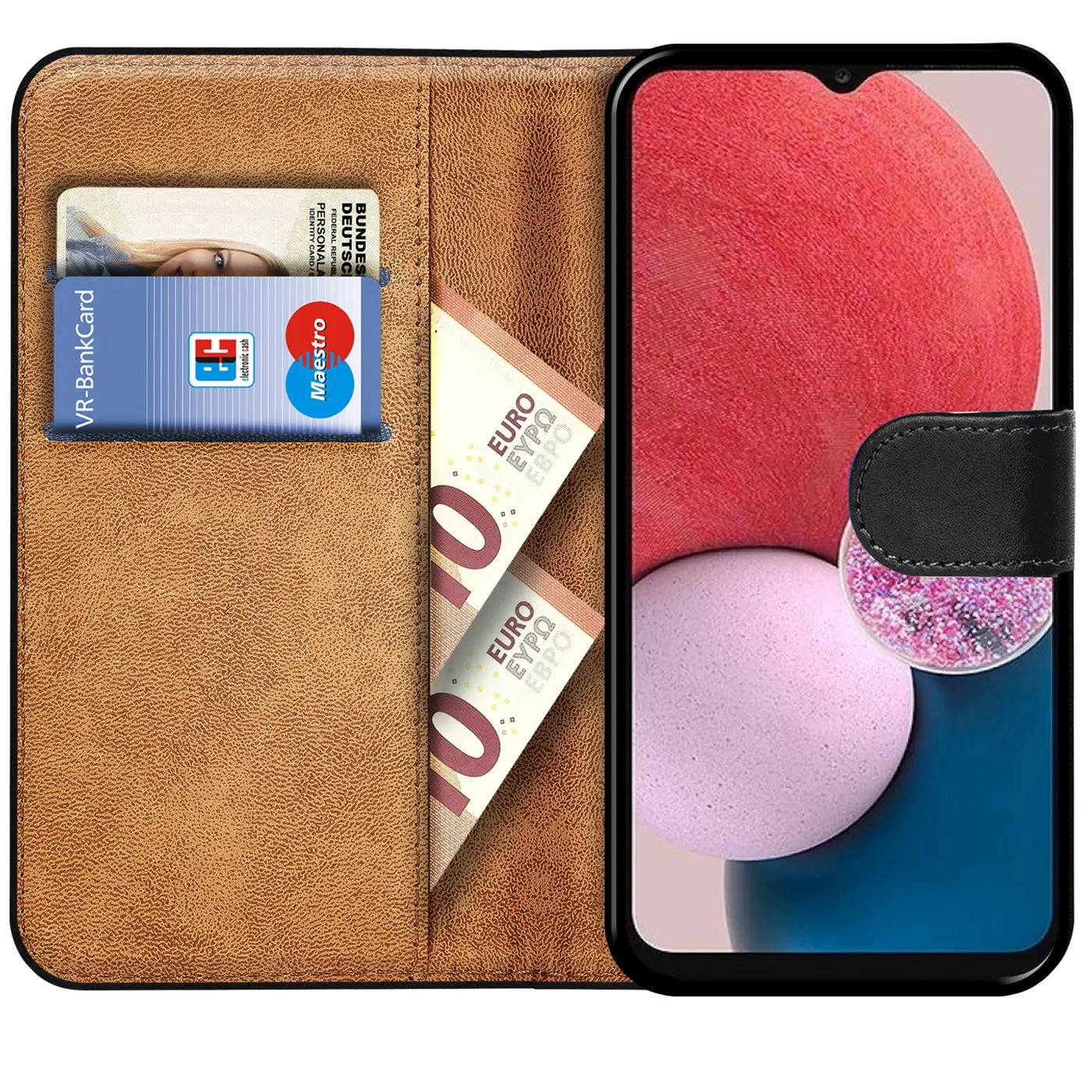 Braune Kunstleder-Klapphülle mit Kartenfächern und Samsung Galaxy A14 5G.