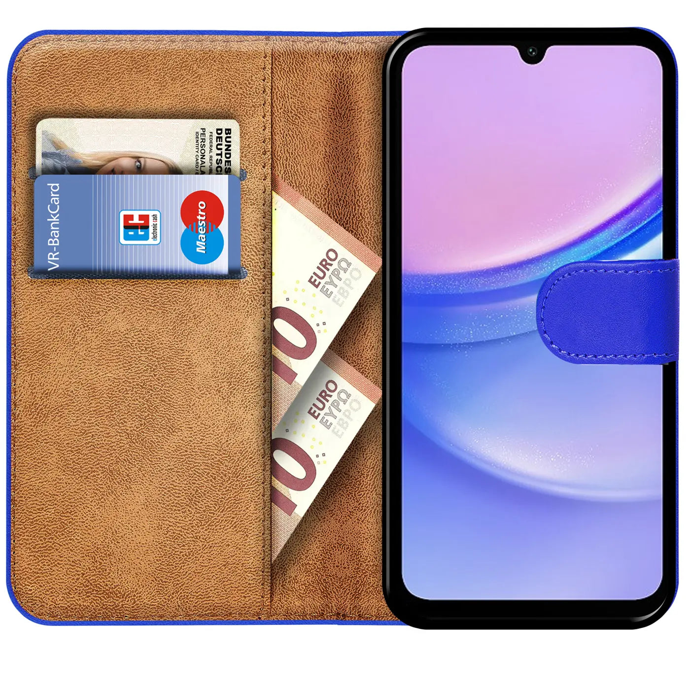 Blaue Kunstleder-Klapphülle mit Kartenfächern und Geldscheinfach, zeigt Samsung Galaxy A15.
