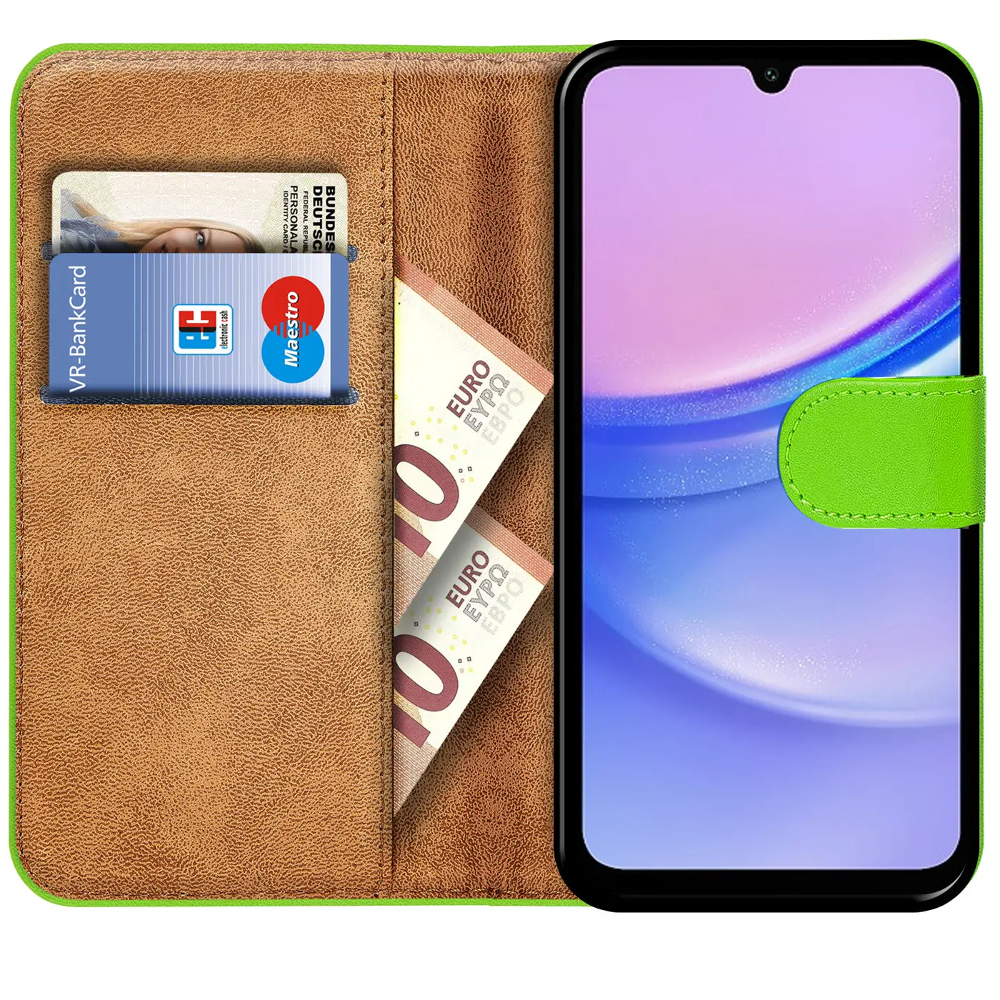 Grüne Kunstleder-Klapphülle mit Kartenfächern und Geldscheinfach, zeigt Samsung Galaxy A15 4G/5G.
