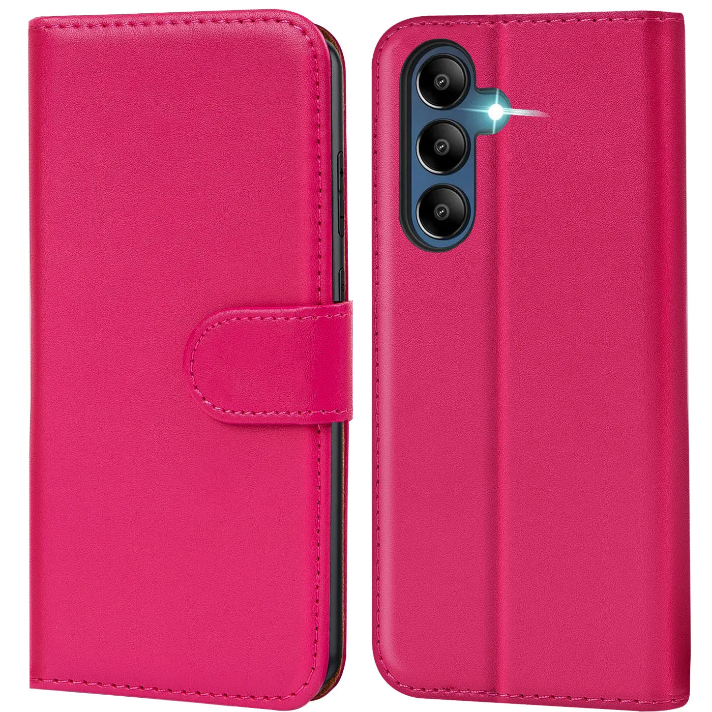 Pink Kunstleder-Klapphülle mit Kartenfächern, zeigt Rückseite eines Samsung Galaxy A15 4G/5G.