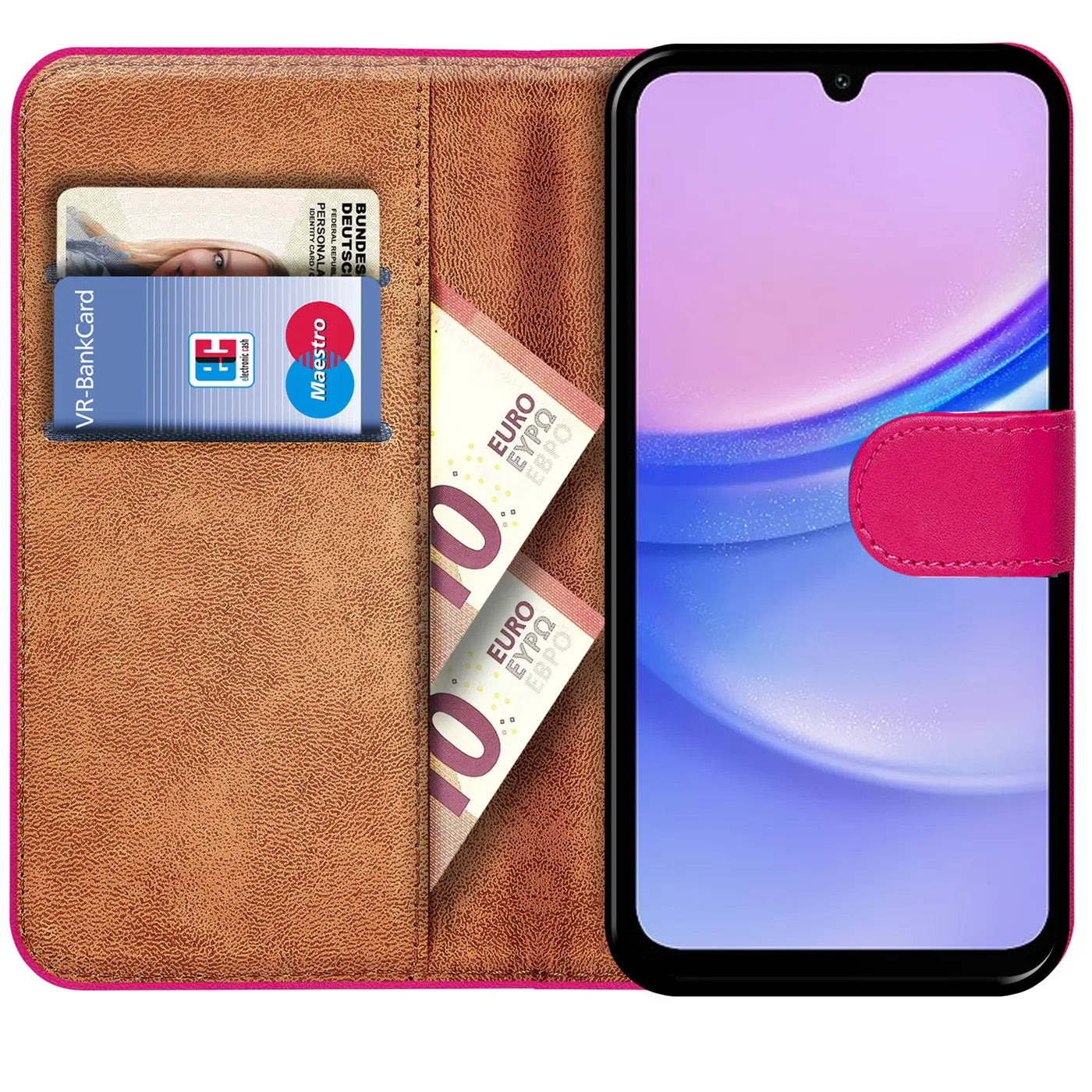 Pink Klapphülle aus Kunstleder mit Kartenfächern und Geldscheinfach, zeigt Samsung Galaxy A15 5G.