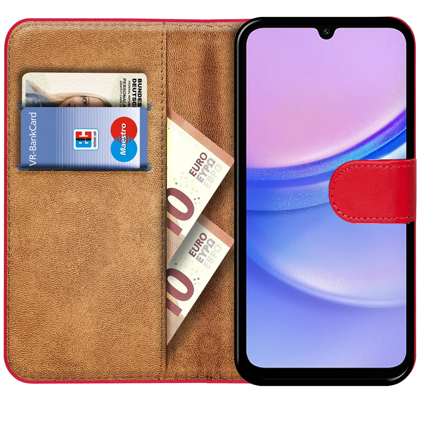 Rote Kunstleder-Klapphülle mit Kartenfächern, Geldnoten und VR-Bankkarte, zeigt Samsung Galaxy A15.