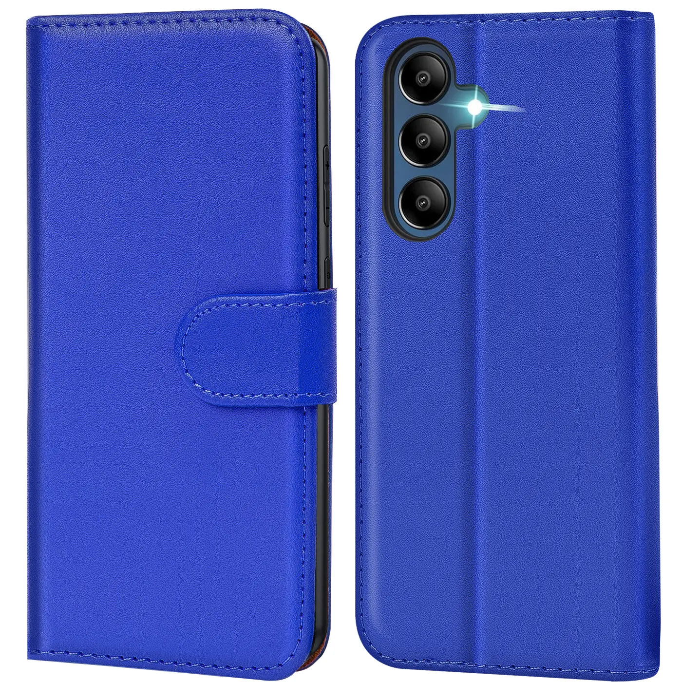 Blaue Kunstleder-Klapphülle mit Kartenfächern, Vorder- und Rückansicht, Samsung Galaxy A16 5G.