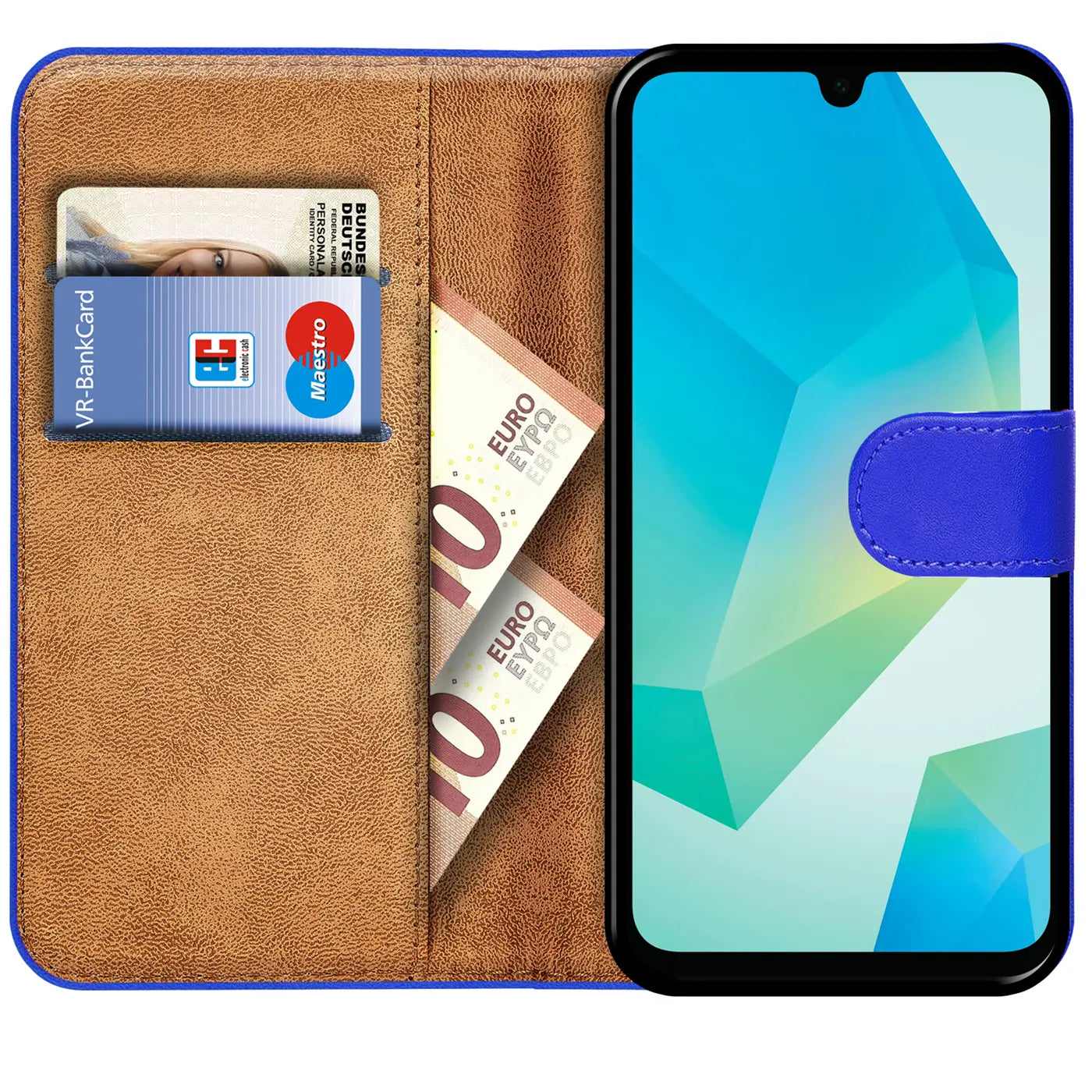 Blaue Klapphülle aus Lederimitat mit Kartenfächern und Geldscheinfach, zeigt Handy mit blauem Verschluss.