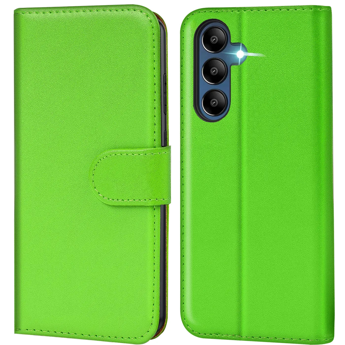 Grüne Kunstleder-Klapphülle mit Kartenfächern, Vorder- und Rückansicht, Samsung Galaxy A16 5G.