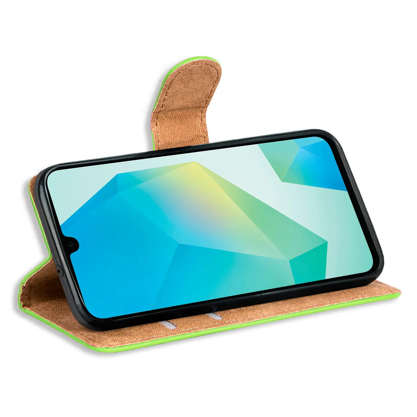 Grüne Klapphülle aus Leder mit Kartenfächern, zeigt Samsung Galaxy A16 5G, von vorne