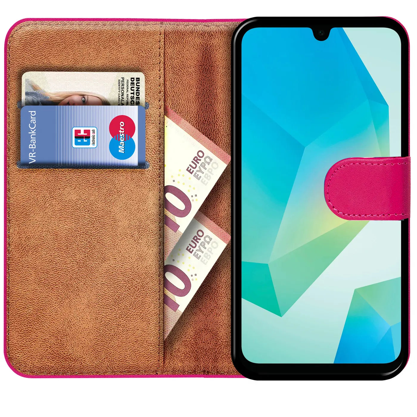 Pink Kunstleder-Klapphülle mit Kartenfächern, braunem Innenfutter, zeigt Samsung Galaxy A16 5G.