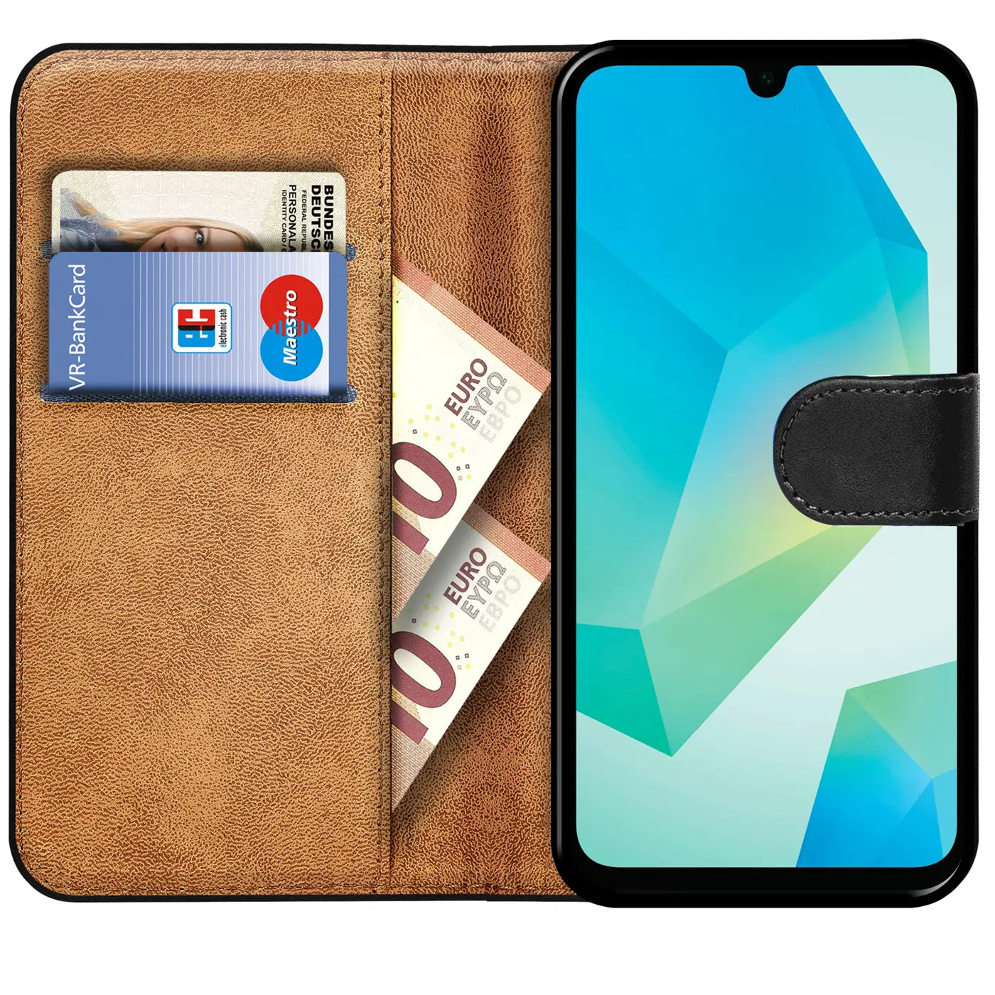 Braune Kunstleder-Klapphülle mit Kartenfächern und Geldscheinfach, zeigt Samsung Galaxy A16 5G.