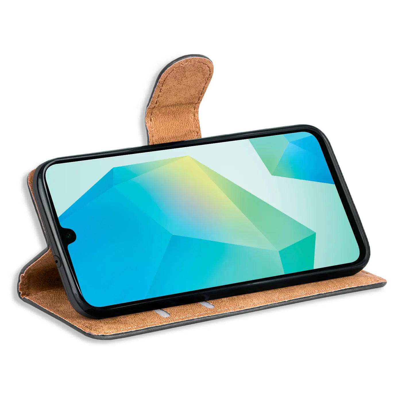 Braune Leder-Klapphülle mit Kartenfächern, Seitenansicht, zeigt Samsung Galaxy A16 5G.