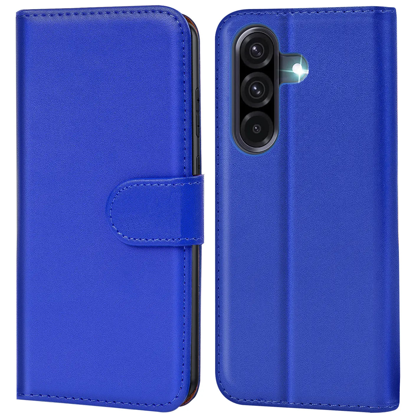 Blaue Kunstleder-Klapphülle mit Kartenfächern, Vorder- und Rückansicht, für Samsung Galaxy A17 5G.