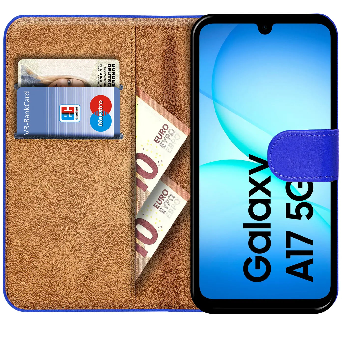 Blaue Kunstleder-Klapphülle mit Kartenfächern, zeigt Samsung Galaxy A17 5G.