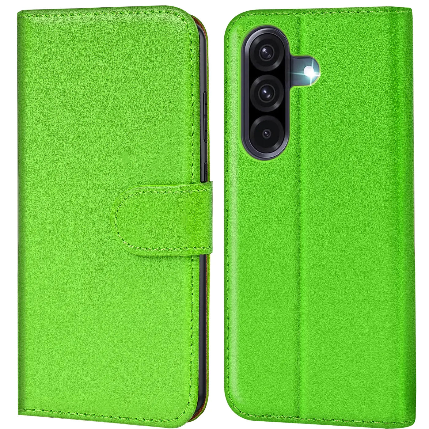 Grüne Kunstleder-Klapphülle mit Kartenfächern, Vorder- und Rückansicht, Samsung Galaxy A17 5G.