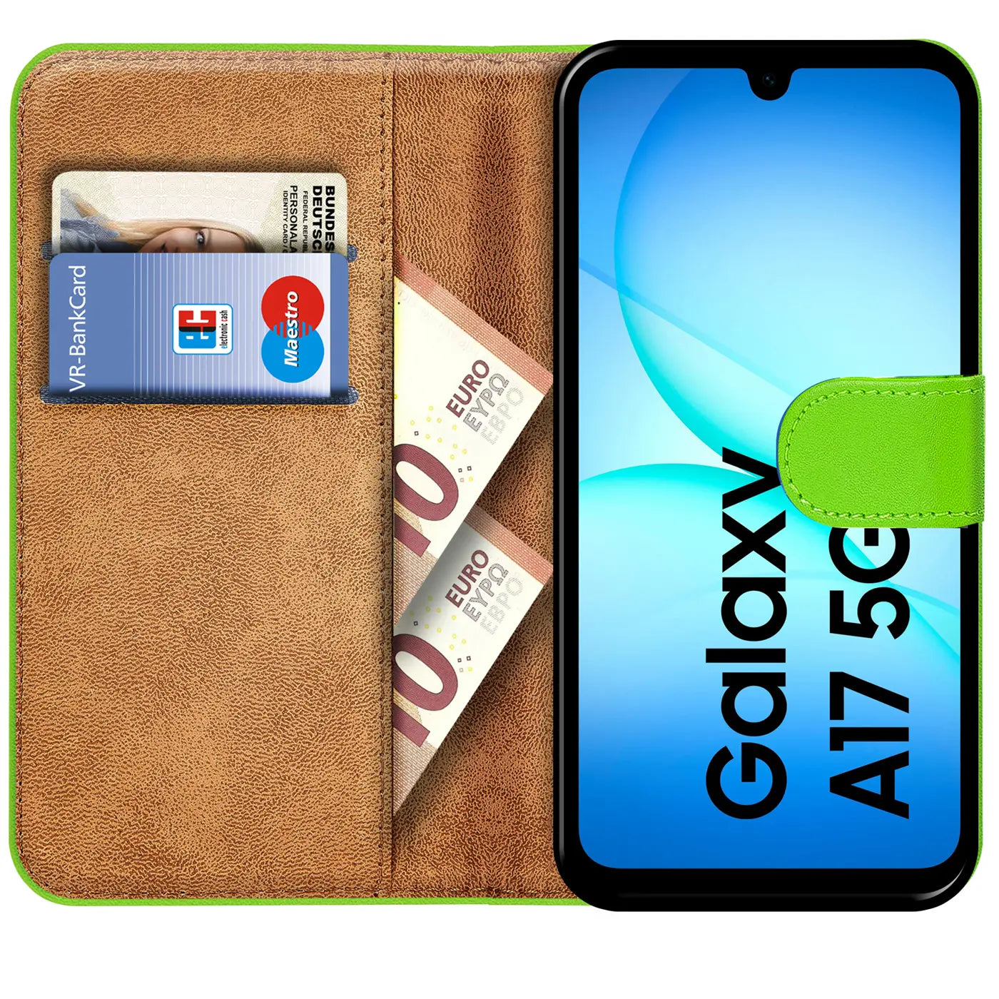 Grüne Klapphülle aus Lederimitat mit Kartenfächern und Samsung Galaxy A17 5G.