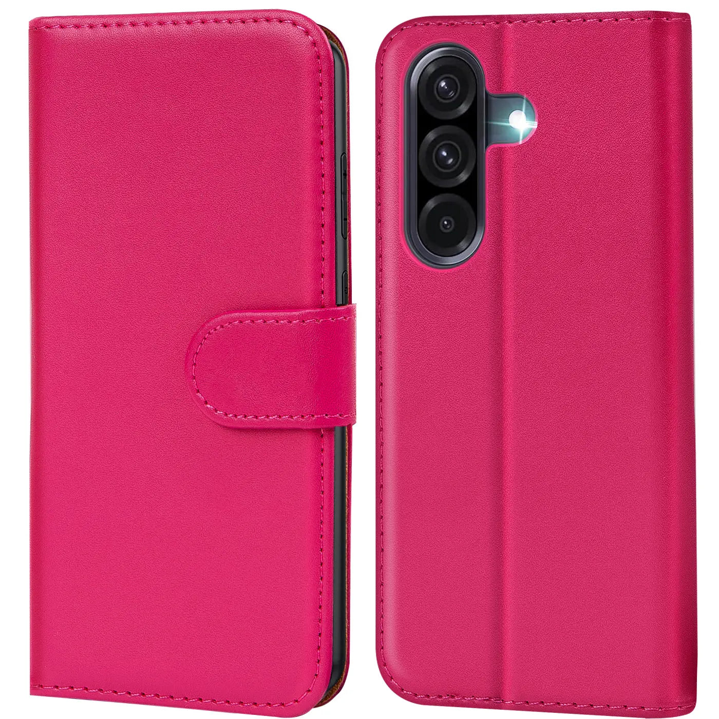 Pink Kunstleder-Klapphülle mit Kartenfächern, Vorder- und Rückansicht, Samsung Galaxy A17 5G.