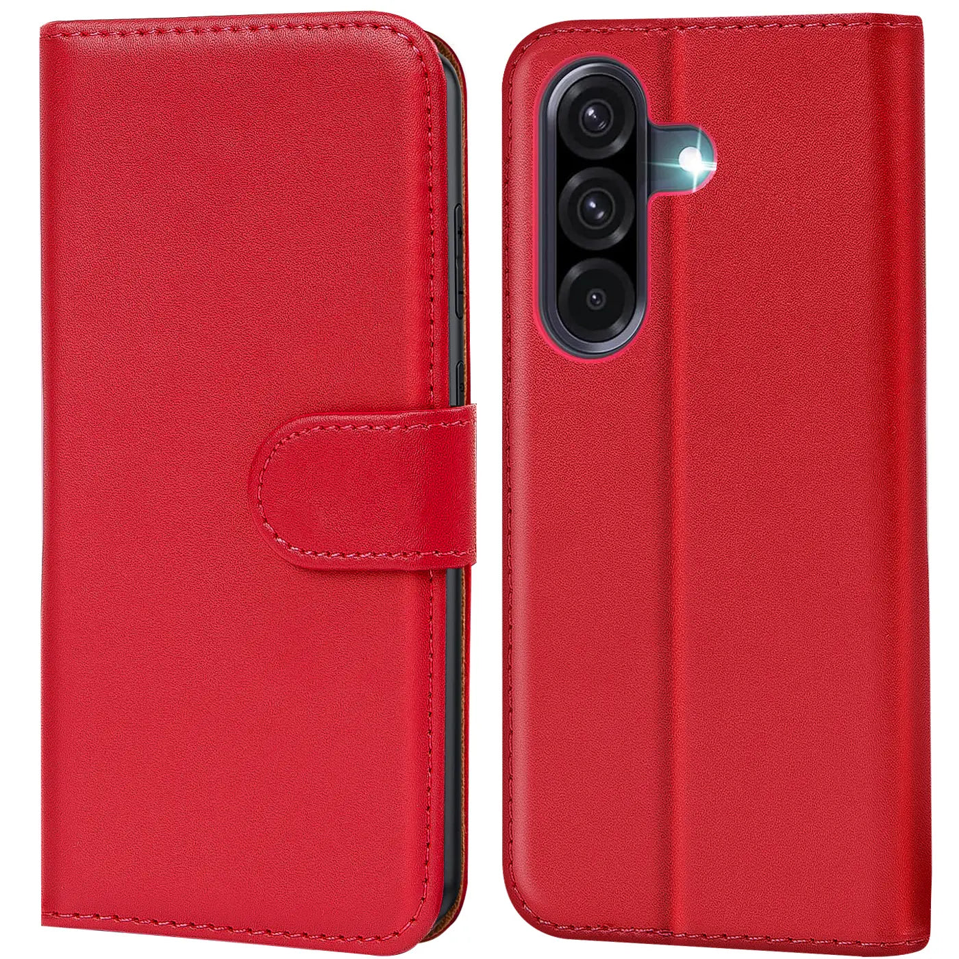 Rote Kunstleder-Klapphülle mit Kartenfächern, Vorder- und Rückansicht, Samsung Galaxy A17 5G.